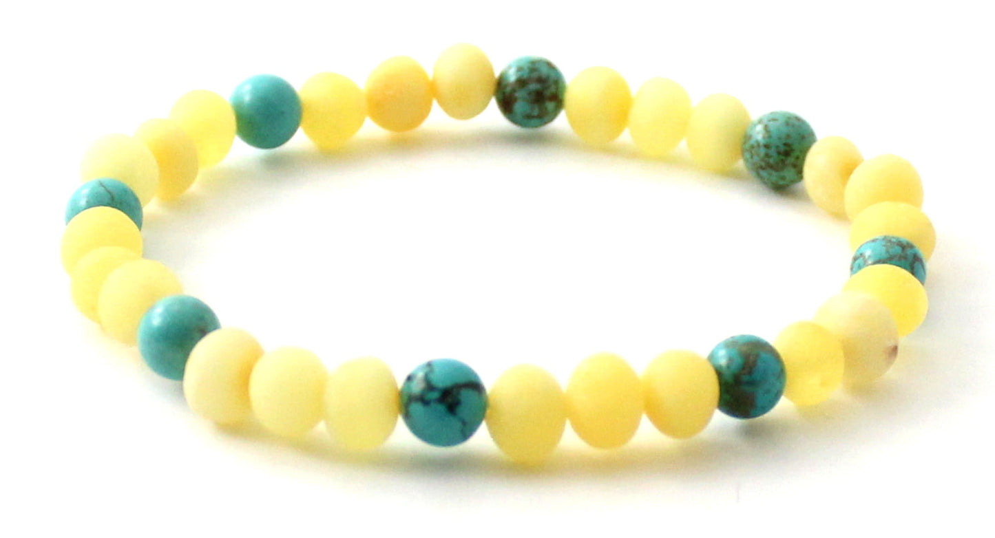 Unpolished Milky Amber Stretch Bracelet With Turquoise-3