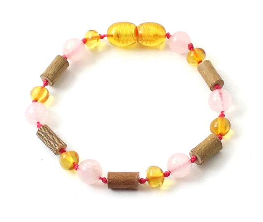 Honey Amber Bracelet with Hazelwood and Rose Quartz-0