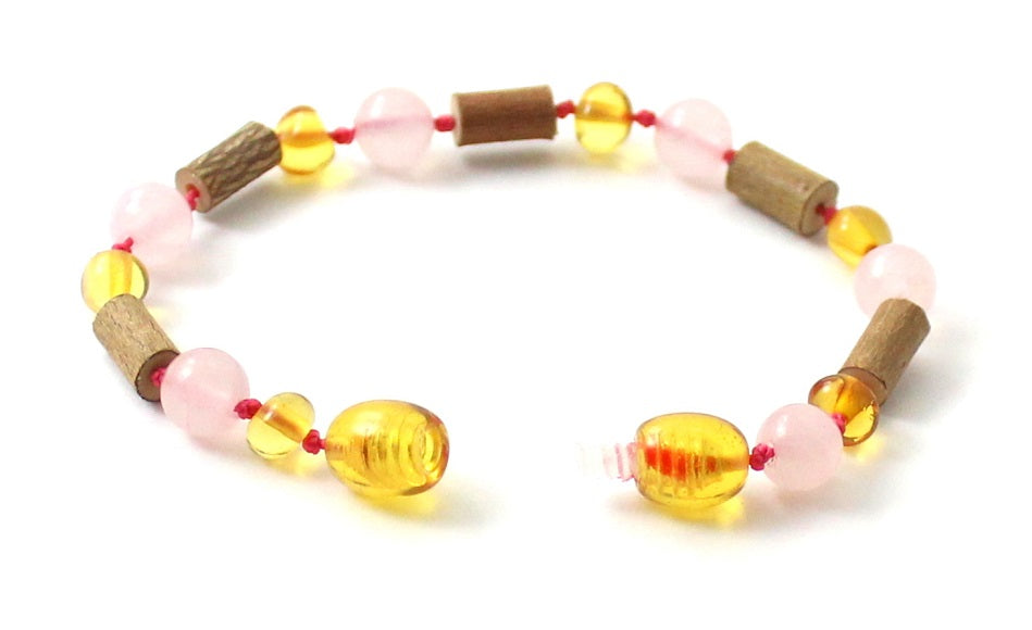 Honey Amber Bracelet with Hazelwood and Rose Quartz-3