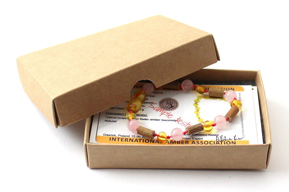 Honey Amber Bracelet with Hazelwood and Rose Quartz-1